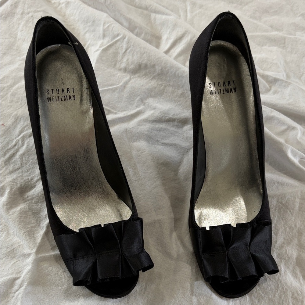 Stuart Weitzman Black Satin Bow Heels